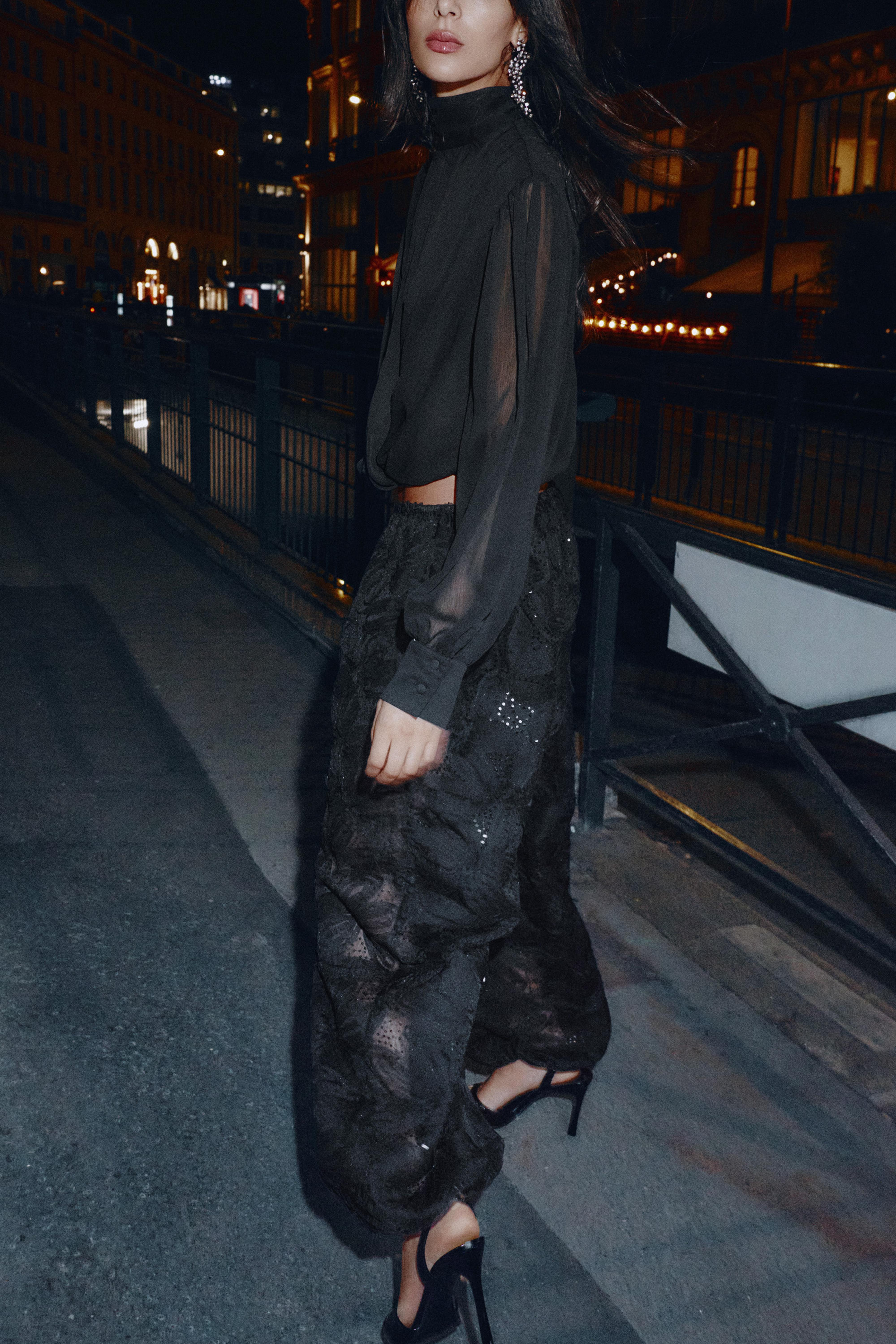 DRAPED SEMI-SHEER PUFF SLEEVE TOP